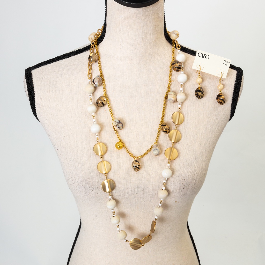 3 Piece Leopard Print & Gold Look Jewelry Set 2 Necklaces & Earrrings Layered